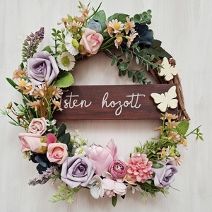 Tavaszi rét-  virágos koszorú, húsvéti kopogtató kézzel írott táblával- Azonnal vihető!, Otthon & Életmód, Dekoráció, Ajtó- és ablak dekoráció, Ajtódísz & Kopogtató, Virágkötés, MESKA