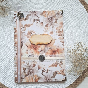 Barna virágos vendégkönyv, napló, emlékkönyv A5 méretű, , Otthon & Életmód, Papír, írószer, Jegyzetfüzet & Napló, Decoupage, transzfer és szalvétatechnika, MESKA