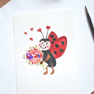 Katica szívecskés csokorral-kézzel festett köszöntőlap, Valentin napi kártya, nőnapra, anyák napjára  - otthon & életmód - papír, írószer - ajándékozás kellékei - képeslap, üdvözlőlap - Meska.hu