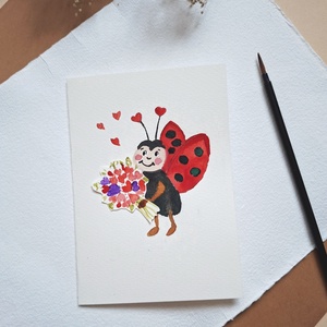 Katica szívecskés csokorral-kézzel festett köszöntőlap, Valentin napi kártya, nőnapra, anyák napjára , Otthon & Életmód, Papír, írószer, Ajándékozás kellékei, Képeslap, üdvözlőlap, Fotó, grafika, rajz, illusztráció, MESKA