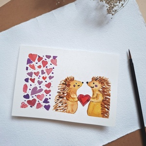 Szerelmes Sünik-kézzel festett köszöntőlap, Valentin napi kártya  - Meska.hu