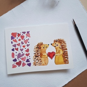 Szerelmes Sünik-kézzel festett köszöntőlap, Valentin napi kártya  - otthon & életmód - papír, írószer - ajándékozás kellékei - képeslap, üdvözlőlap - Meska.hu