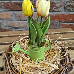 Tulipános kanna- tavaszi dekoráció, asztaldísz, húsvéti dísz, Ünnepi díszek, dekorációk, Húsvéti díszek és dekorációk, Húsvéti asztaldíszek, Varrás, MESKA