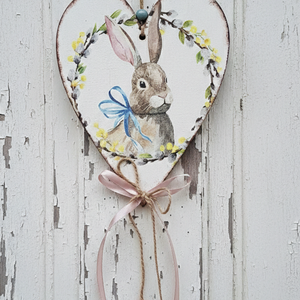 Nyuszis szívtábla- tavaszi dekoráció, húsvéti dísz, Ünnepi díszek, dekorációk, Húsvéti díszek és dekorációk, Húsvéti ajtódísz, kopogtató, Decoupage, transzfer és szalvétatechnika, MESKA