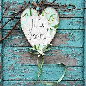 Hóvirágos tavaszi hangulatú faszív, ajtódísz, függődísz, Otthon & Életmód, Dekoráció, Fali és függő dekoráció, Függődísz, Decoupage, transzfer és szalvétatechnika, MESKA