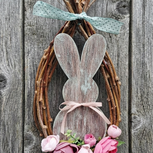 Nyuszis Vendégváró - venyigekoszorú, tavaszi, húsvéti ajtódísz - ünnepi díszek, dekorációk - húsvéti díszek és dekorációk - húsvéti ajtódísz, kopogtató - Meska.hu