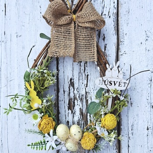 Húsvéti napsütés-  tojás koszorú farmhouse stílusú ajtódísz, kopogtató, lakásdekoráció - ünnepi díszek, dekorációk - húsvéti díszek és dekorációk - húsvéti ajtódísz, kopogtató - Meska.hu