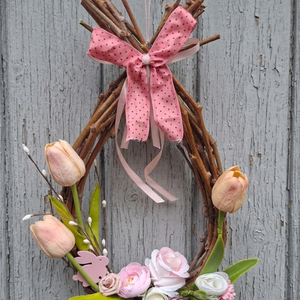 Tavaszi virágok venyige tojáskoszorún- húsvéti ajtódísz, kopogtató, tavaszi dekoráció, Ünnepi díszek, dekorációk, Húsvéti díszek és dekorációk, Húsvéti ajtódísz, kopogtató, Virágkötés, MESKA