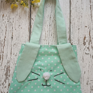 Tapsifüles-Zöld Menta Nyuszi táska, gyerektáska, tojásgyűjtő táska, húsvétra,  játéknak Rendelhető, Ünnepi díszek, dekorációk, Húsvéti díszek és dekorációk, Húsvéti ajándékátadó, Varrás, MESKA