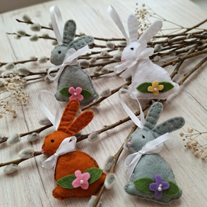 Húsvéti Nyuszik  - húsvéti, tavaszi dekoráció, barka díszek 4 db, Ünnepi díszek, dekorációk, Húsvéti díszek és dekorációk, Húsvéti tojásfadíszek, Varrás, MESKA