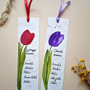 Anyák napi tulipános könyvjelző, kézzel festett akvarell könyvjelző, Azonnal vihető! - könyv & zene - könyvjelző - Meska.hu
