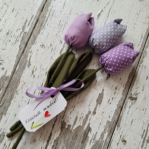 Lila tulipán csokor köszönőkártyával 3db-os csokor, rendelhető - Meska.hu