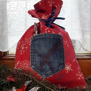 Textil mikulászsák farmer zsebbel - karácsony - mikulás - mikulás zsák, zokni, csizma - Meska.hu