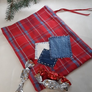 Textil mikulászsák farmer foltokkal, S méret - karácsony - mikulás - mikulás zsák, zokni, csizma - Meska.hu