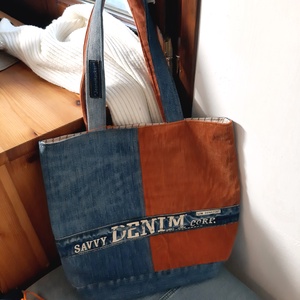 Farmer válltáska felirattal, kordbársonnyal kombinálva, különböző színű fülekkel, farmer tote bag - táska & tok - kézitáska & válltáska - válltáska - Meska.hu