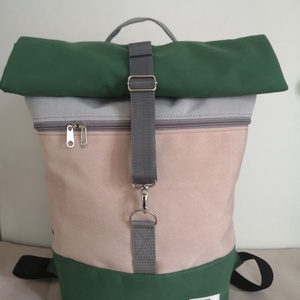 Zöld-púderrózsaszín vízálló rolltop hátizsák - táska & tok - hátizsák - roll top hátizsák - Meska.hu