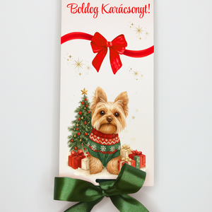 Karácsonyi kutyis UV nyomott pénzátadó - Yorkie pulcsiban, Karácsony, Karácsonyi ajándékozás, Karácsonyi ajándékcsomagolás, Famegmunkálás, MESKA