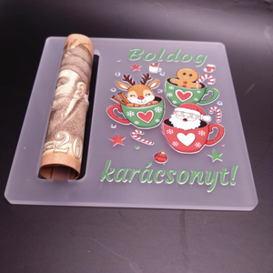 Boldog karácsonyt! akril, UV nyomott pénzátadó, bögrés mintával - karácsony - karácsonyi lakásdekoráció - karácsonyfadíszek - Meska.hu