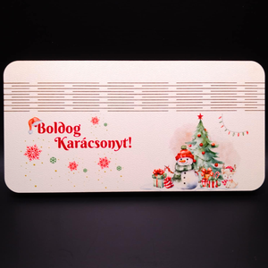 Boldog Karácsonyt! feliratos UV nyomott, hóemberes pénzátadó, Karácsony, Karácsonyi ajándékozás, Karácsonyi ajándékcsomagolás, Famegmunkálás, MESKA
