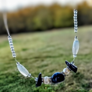 Kék achát és igazgyöngy nyaklánc, nyakék  - ékszer - nyaklánc - gyöngyös nyaklánc - Meska.hu