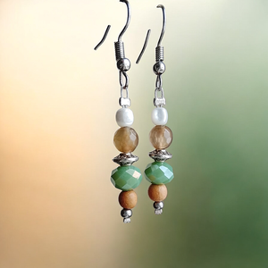 Fülbevaló üveg, kagyló, fa, achát gyöngyökből , Ékszer, Fülbevaló, Lógó fülbevaló, Mindenmás, MESKA