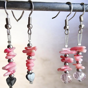 Fülbevaló rózsaszín korall  hematittal vagy üveggyönggyel, Ékszer, Fülbevaló, Lógó fülbevaló, Mindenmás, MESKA