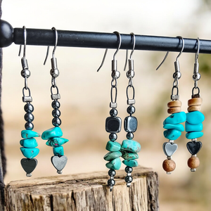 Fülbevaló türkiz, fa és hematit , Ékszer, Fülbevaló, Lógó fülbevaló, Mindenmás, MESKA