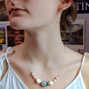 Zöld achát, kagyló és igazgyöngy nyaklánc, nyakék, Ékszer, Nyaklánc, Gyöngyös nyaklánc, Ékszerkészítés, MESKA