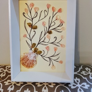 Rózsaszín virágos falikép kagyló és ásványkövekből  - otthon & életmód - dekoráció - kép & falikép - kavics kép - Meska.hu