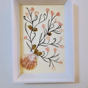 Rózsaszín virágos falikép kagyló és ásványkövekből  - otthon & életmód - dekoráció - kép & falikép - kavics kép - Meska.hu