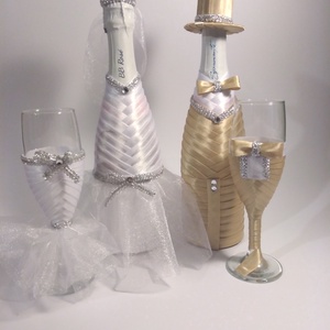 Pezsgős üveg és pohár szett drapp, fehér  -  - Meska.hu