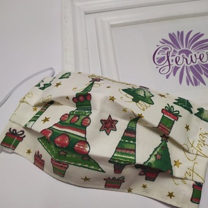 Textil maszk, kétrétegű zöld-arany kárácsonyfás -  - Meska.hu