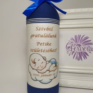 Zsinórozott boros üveg, baba születésre,kék , Otthon & Életmód, Dekoráció, Díszüveg, Asztal és polc dekoráció, Decoupage, transzfer és szalvétatechnika, MESKA