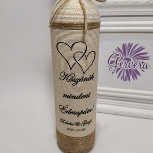 Szülőköszöntő pálinkásüveg, vintage szívecskével , Esküvő, Emlék & Ajándék, Szülőköszöntő ajándék, Virágkötés, Decoupage, transzfer és szalvétatechnika, MESKA