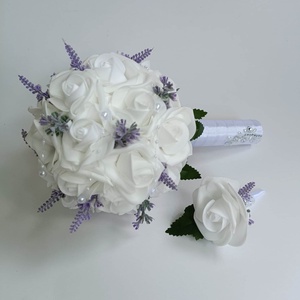 Mini menyasszonyi csokor, fehér rózsa levendulával, Esküvő, Menyasszonyi- és dobócsokor, Virágkötés, MESKA