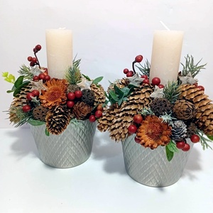 Tobozok, 2 db asztaldísz gyertyával, Karácsony, Adventi díszek, Adventi asztaldísz, Virágkötés, MESKA