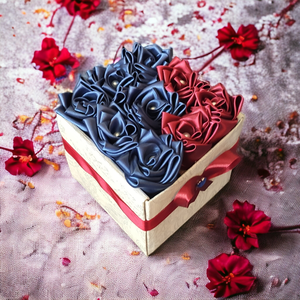 Szaténrózsa box bordó és kék színben 9 szálas, Esküvő, Emlék & Ajándék, Köszönőajándék, Varrás, Mindenmás, MESKA