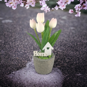 Fehér, rózsaszín tulipán kompozíció szürke betonkaspóban TUG529RS, Otthon & Lakás, Dekoráció, Virágdísz és tartó, Csokor & Virágdísz, Virágkötés, MESKA