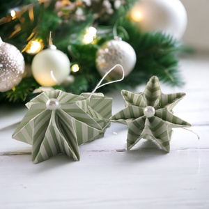 Olíva zöld, fehér csíkos csillag karácsonyfadísz szett 4 db-os 7CS04009FHZO - karácsony - karácsonyi lakásdekoráció - karácsonyfadíszek - Meska.hu