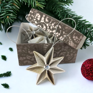 Beige, ezüstszürke mintás csillag karácsonyfadísz szett 4 db-os 7CS04016, Karácsony, Karácsonyi lakásdekoráció, Karácsonyfadíszek, Papírművészet, MESKA