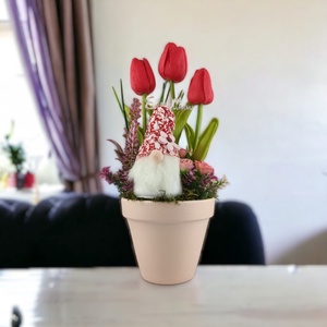 Piros tulipánok barackszínű kaspóban tavaszmanóval TUG549PS - otthon & lakás - dekoráció - virágdísz és tartó - csokor & virágdísz - Meska.hu