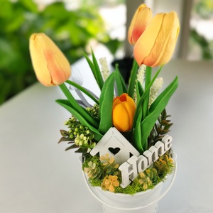 Sárga színű polifoam tulipán kompozíció tavaszi virágokkal TUP301SA - otthon & életmód - dekoráció - virágdísz és tartó - csokor & virágdísz - Meska.hu
