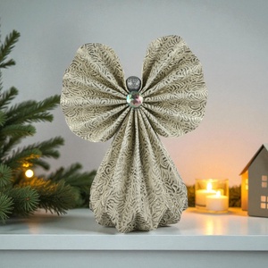 Fehér, ezüst mintás papírangyalka polcdekoráció OPA57, Karácsony, Karácsonyi lakásdekoráció, Karácsonyi lakásdíszek, Papírművészet, MESKA