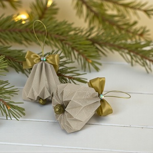 Csengettyű alakú ekrü, arany karácsonyfadísz szett BL214 - Meska.hu