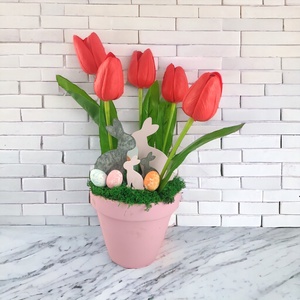 Piros tulipánok kaspóban nyuszikkal TUG539PS - otthon & életmód - dekoráció - asztal és polc dekoráció - asztaldísz - Meska.hu