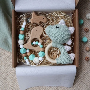 Mint Green Dino Selection Box - Baba ajándékdoboz / Babaváró ajándék / Babalátogató ajándék - Meska.hu