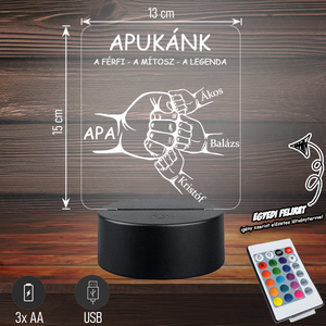 APUKÁNK A FÉRFI A MÍTOSZ A LEGENDA - 3D LED LÁMPA EGYEDI FELIRATTAL APÁKNAK, Otthon & Életmód, Lámpa, Hangulatlámpa, Gravírozás, pirográfia, MESKA