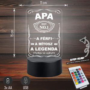 Apa A férfi A mítosz A legenda - 3D LED LÁMPA APÁKNAK, Otthon & Életmód, Lámpa, Hangulatlámpa, Gravírozás, pirográfia, MESKA