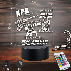 Az én Apukám SZUPERHŐS! - 3D LED Lámpa Apáknak - Akár egyedi felirattal, Otthon & Életmód, Lámpa, Hangulatlámpa, Gravírozás, pirográfia, MESKA