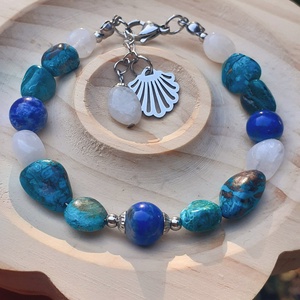 Krizokolla, szivárvány holdkő és lapis lazuli ásvány karkötő és fülbevaló, Ékszer, Ékszerszett, Ékszerkészítés, MESKA